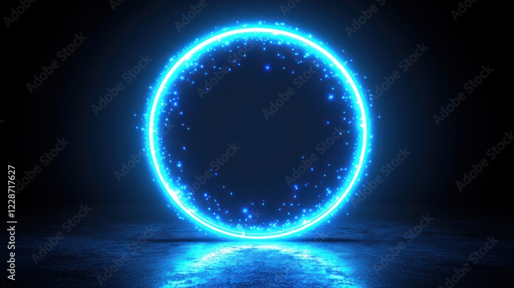 Fototapeta premium Glowing blue circle energy portal, dark background, digital art, design element