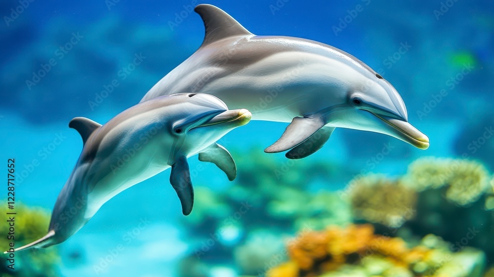Fototapeta premium Playful Dolphins Swimming in Crystal Clear Ocean Water