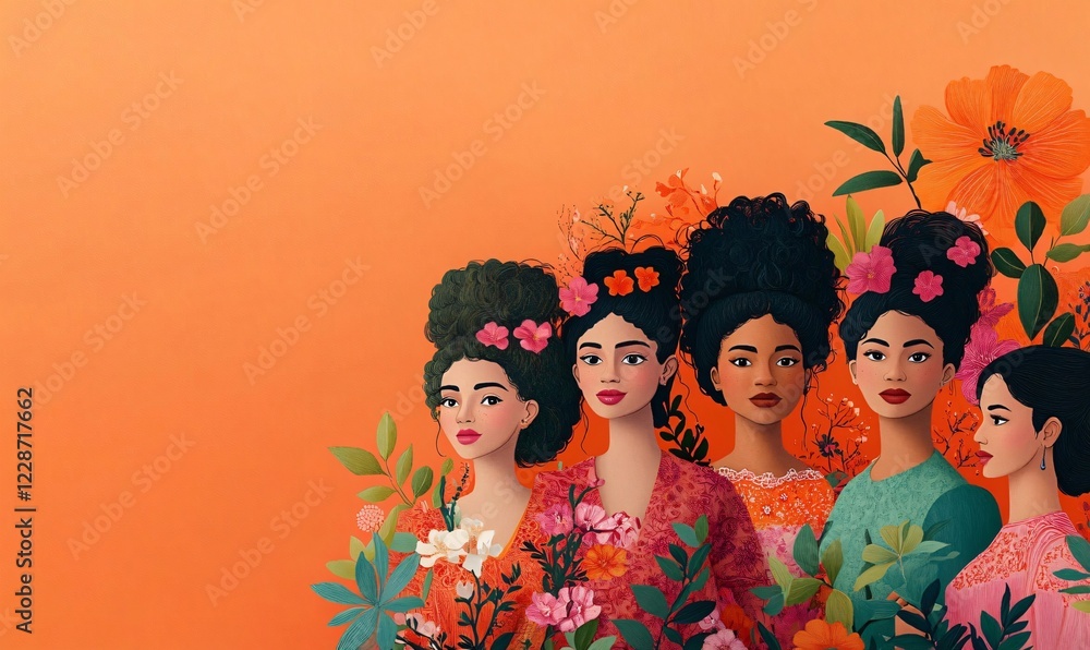 Fototapeta premium A vibrant vector illustration of women in traditional outfits, ideal for Women's History Month campaigns, celebrating diversity and empowerment with ample copy space.