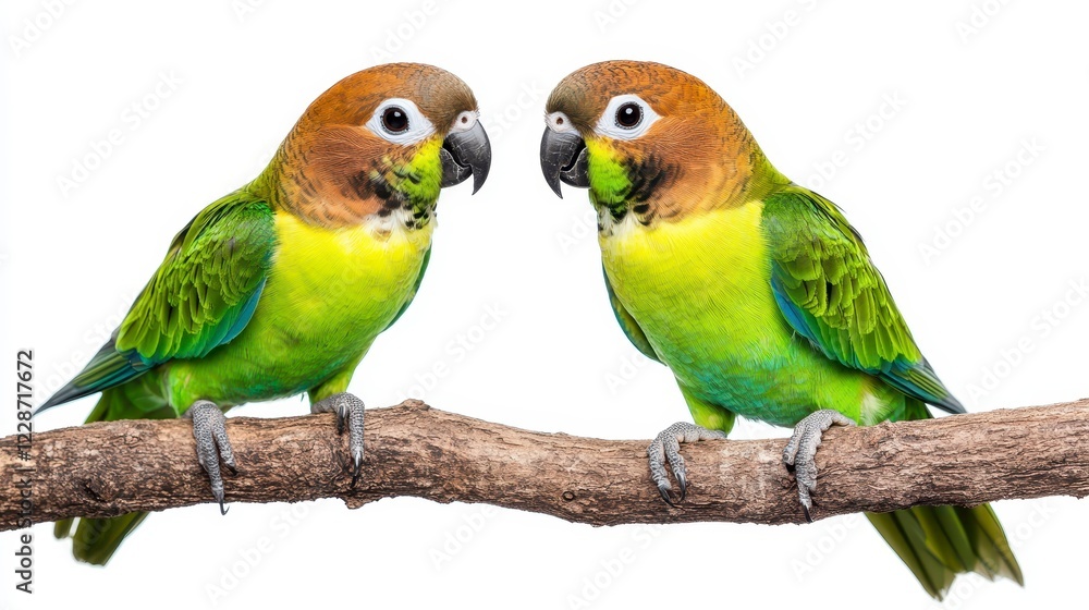 Fototapeta premium Colorful Parrots on Branch with Bright Feathers and Playful Expressions