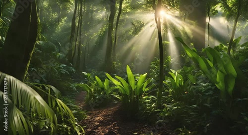 Serene Morning in Jungle, looping 4k time-lapse virtual video animation Generated AI. Cinematic.