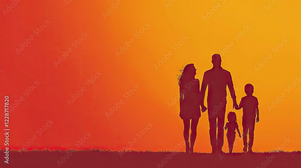 Family sunset silhouette walk, happy family, outdoor nature background, perfect for family, parenting, or love themes Family sunset silhouette walk, happy family, outdoor nature background, perfect for family, parenting, or love themes