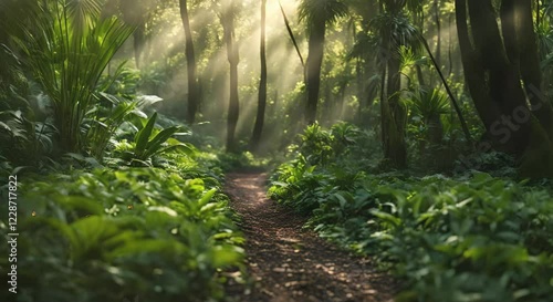 Peaceful Forest Morning Glow, looping 4k time-lapse virtual video animation Generated AI. Cinematic.