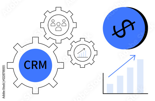 Three gears with CRM, user icon, and bar chart icon. Dollar symbol inside blue circle and increasing bar graph with arrow. Ideal for business strategies, growth, CRM systems, financial success