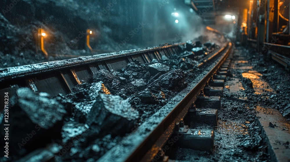 Naklejka premium Coal mine conveyor belt with pieces of rock and dust, industrial atmosphere