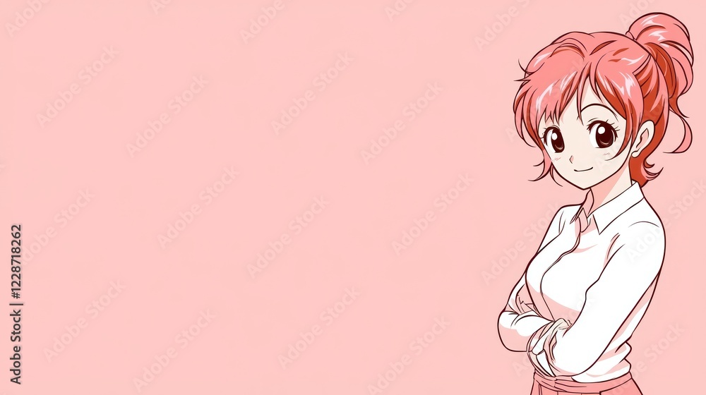 Confident woman, anime style, pink background, business portrait Confident woman, anime style, pink background, business portrait