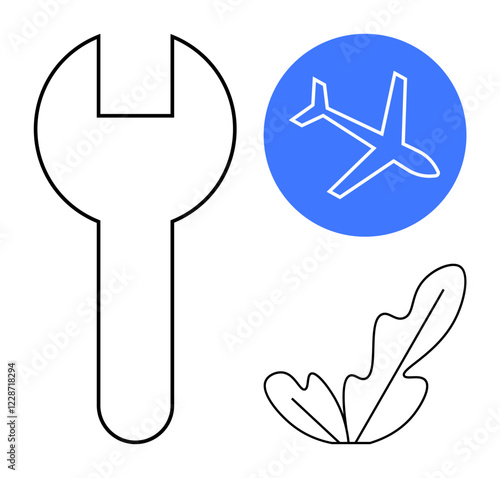Blue circle with airplane, large black wrench, leaf icon. Ideal for themes of travel, repair, nature, engineering, sustainability aviation environmental stewardship. Abstract line flat metaphor