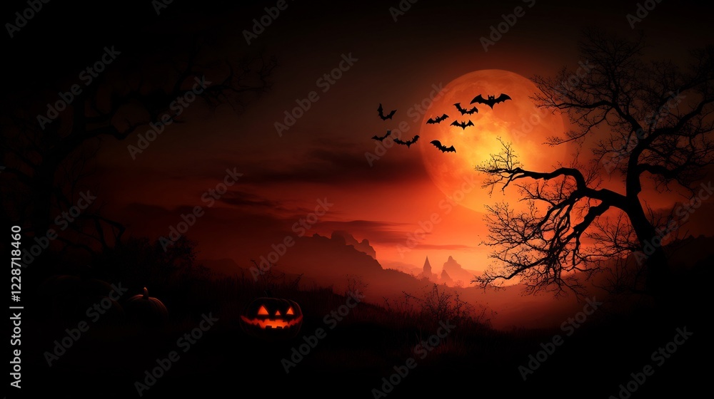 Halloween Night: Spooky Landscape with Blood Moon and Jack-o'-lanterns Halloween Night: Spooky Landscape with Blood Moon and Jack-o'-lanterns