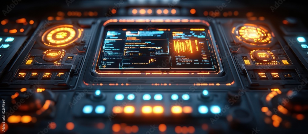 Obraz premium Futuristic control panel with glowing interface and digital display.
