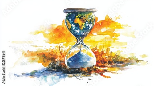 Artistic depiction of an hourglass with Earth inside, symbolizing time and environmental change