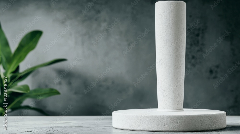 Minimalist White Product Display Stand on Grey Background with Plant Minimalist White Product Display Stand on Grey Background with Plant