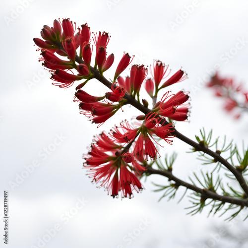 Red false flowers, carpellate cones, of European larch, Larix deciclua, in early spring. Neutral blurred background of cloudy sky. photo