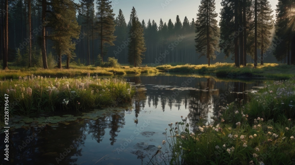 Obraz premium Serene morning in a forest with a calm reflective pond and rays of sunlight