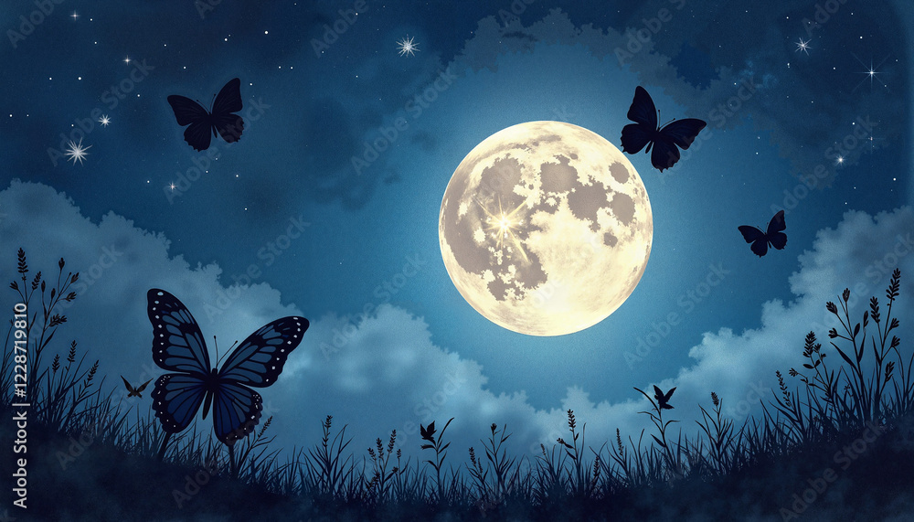 Naklejka premium Butterfly silhouettes fluttering near bright full moon at night, dreamy magic