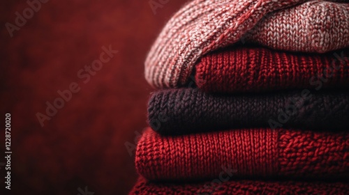 Warm Cozy Knitwear Stacked Richly Deep Red Tones. AI Generated