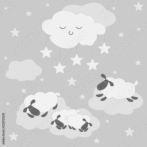 Lovely cute clouds,kawaii sleeping lamb or sheep on clouds. Stars on the sky. illustration is for greeting cards, posters, prints on T-shirts. for stickers, badges, wallpaper. Lullaby