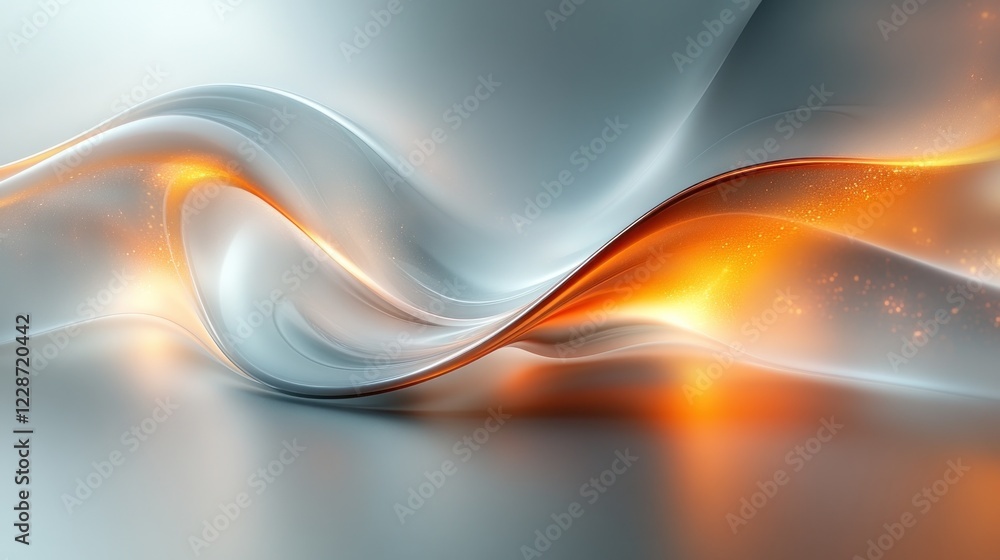 Silver, orange abstract wave, glowing, studio