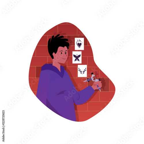 Young man tattoo artist with needle machine in hand, vector male professional tattooist ink art master isolated in frame