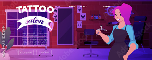 Vector illustration of tattoo parlor website web page with interior and tattoo artist.
