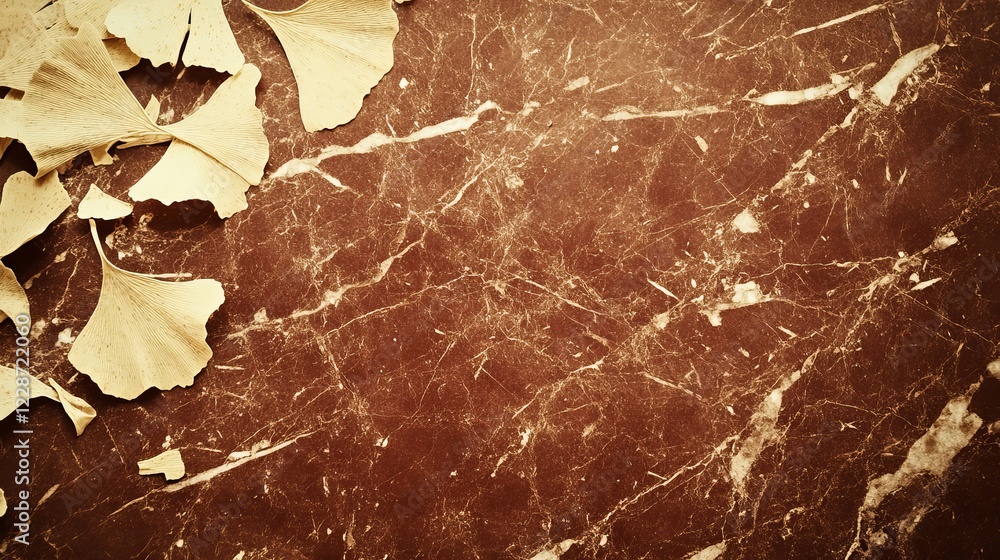 Fototapeta premium Ginkgo Leaves on Brown Marble Background Texture