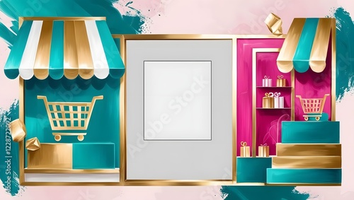 Wallpaper Mural Online Storefront Display: Gold Accents Teal Pink Shopping Carts Gifts Torontodigital.ca