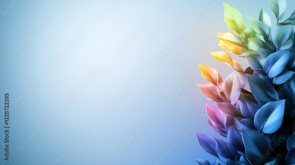 Vibrant rainbow leaves softly illuminated against a tranquil blue backdrop. AI Generated Vibrant rainbow leaves softly illuminated against a tranquil blue backdrop. AI Generated