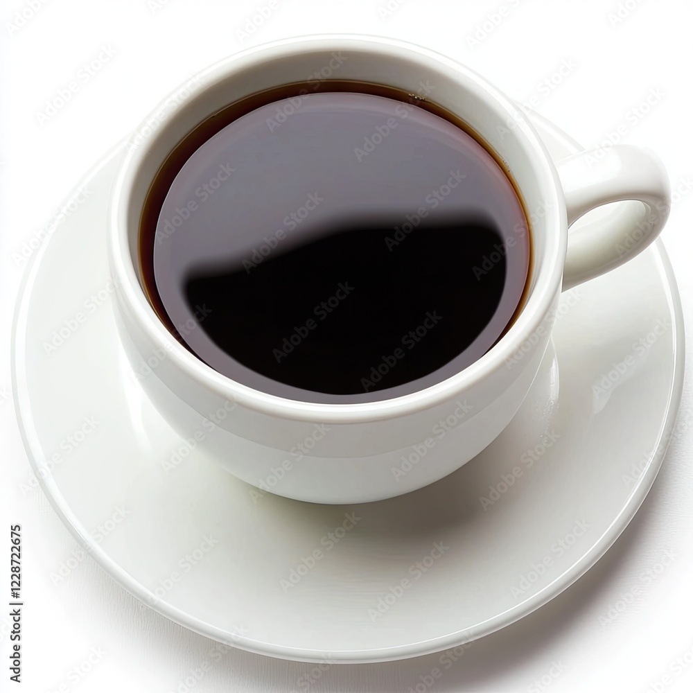 Black coffee, white cup, saucer, breakfast, white background, morning drink, website, menu Black coffee, white cup, saucer, breakfast, white background, morning drink, website, menu