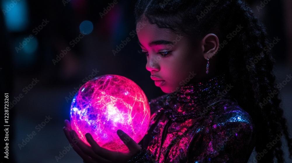 Naklejka premium Girl Holding Illuminated Orb, Dark Background, Neon Lights