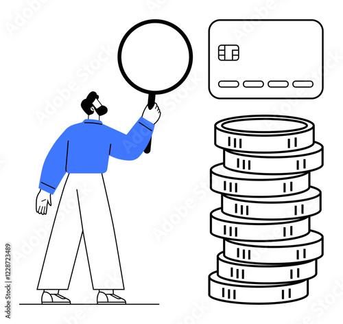 Man with magnifying glass analyzing a credit card and a stack of coins. Ideal for financial analysis, budgeting, personal finance, banking, wealth management, fraud detection, and economic education