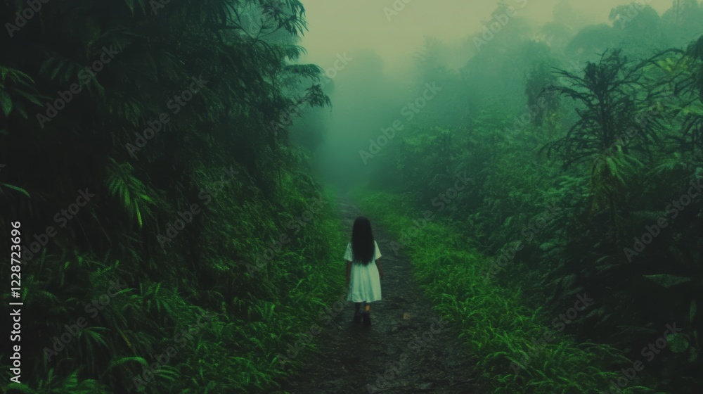Obraz premium Girl in White Dress Walks Foggy Forest Path