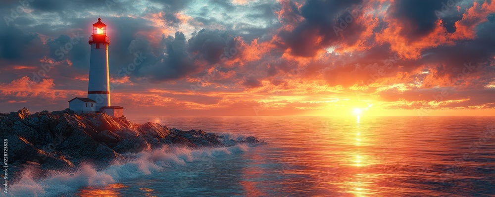 Lighthouse Sunset Seascape: A Dramatic Coastal Scene Lighthouse Sunset Seascape: A Dramatic Coastal Scene