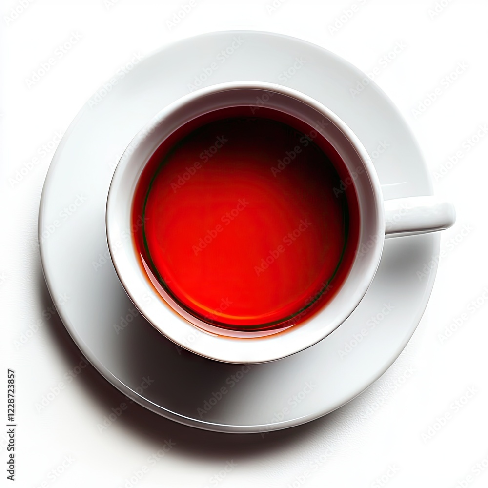 Overhead view of teacup, saucer, red tea, white background, breakfast beverage Overhead view of teacup, saucer, red tea, white background, breakfast beverage