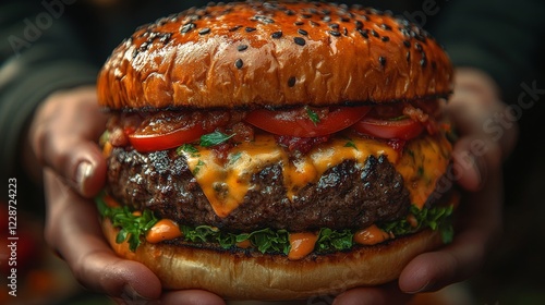 Tempting Mega-Sized Burger King Whopper with Fresh Lettuce, Juicy Tomato, Melted Cheese, and Savory Beef Patty Close-Up View
