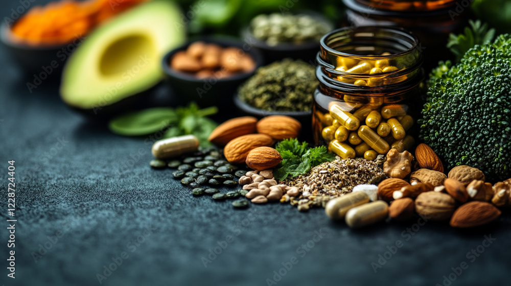 A health-focused image showcasing magnesium supplement capsules alongside natural magnesium-rich foods like sliced avocado, fresh broccoli, and almonds with a modern minimalistic bright tone

