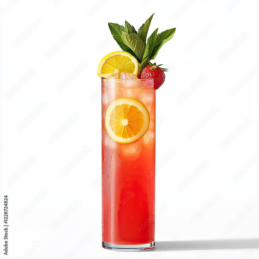Fototapeta premium Refreshing strawberry lemonade cocktail, summer drink, white background, ice, garnished