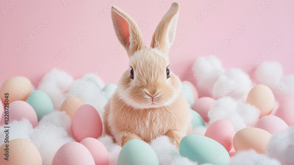 Fototapeta premium Cute rabbit surrounded by pastel eggs and fluffy clouds
