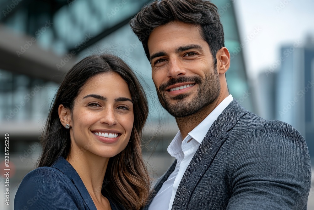 Professional Couple Posing Outdoors with Modern Cityscape in Background, Smiling and Dressed in Formal Attire Professional Couple Posing Outdoors with Modern Cityscape in Background, Smiling and Dressed in Formal Attire