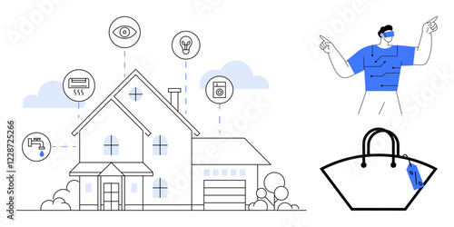 Smart home with connected devices including air conditioning, surveillance, lighting, and appliances, alongside person using VR headset and shopping bag. Ideal for technology, innovation
