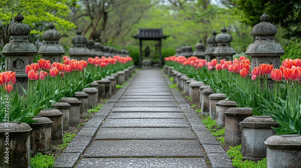 Stone path, tulips, lanterns, garden, spring, serenity, zen, tranquility, pathway, Asia Stone path, tulips, lanterns, garden, spring, serenity, zen, tranquility, pathway, Asia