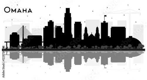 Omaha Nebraska City Skyline Silhouette with Black Buildings and reflections Isolated on White. Tourism Concept with Historic Architecture. Omaha USA Cityscape with Landmarks.