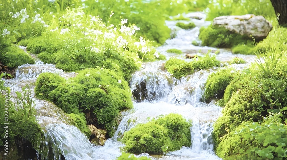 Serene Waterfall Stream Lush Green Moss Nature Spring Serene Waterfall Stream Lush Green Moss Nature Spring