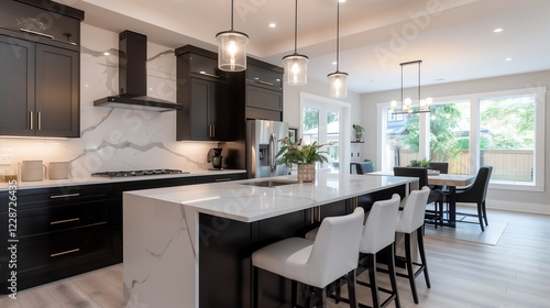 Modern open-plan kitchen with sleek black cabinetry, marble countertops, and pendant lighting over a spacious island. home interior design concept 