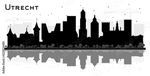Utrecht Netherlands City Skyline Silhouette with Black Buildings and reflections Isolated on White. Business Travel and Tourism Concept with Historic Architecture. Utrecht Cityscape with Landmarks.