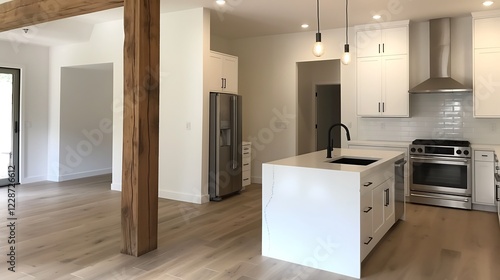 Rustic modern kitchen featuring reclaimed wood beams, stainless steel appliances, and an oversized farmhouse sink. home interior design concept 