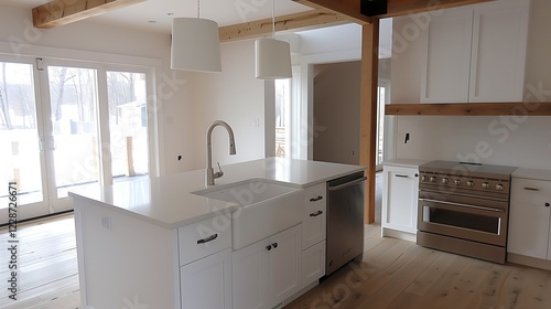Rustic modern kitchen featuring reclaimed wood beams, stainless steel appliances, and an oversized farmhouse sink. home interior design concept 