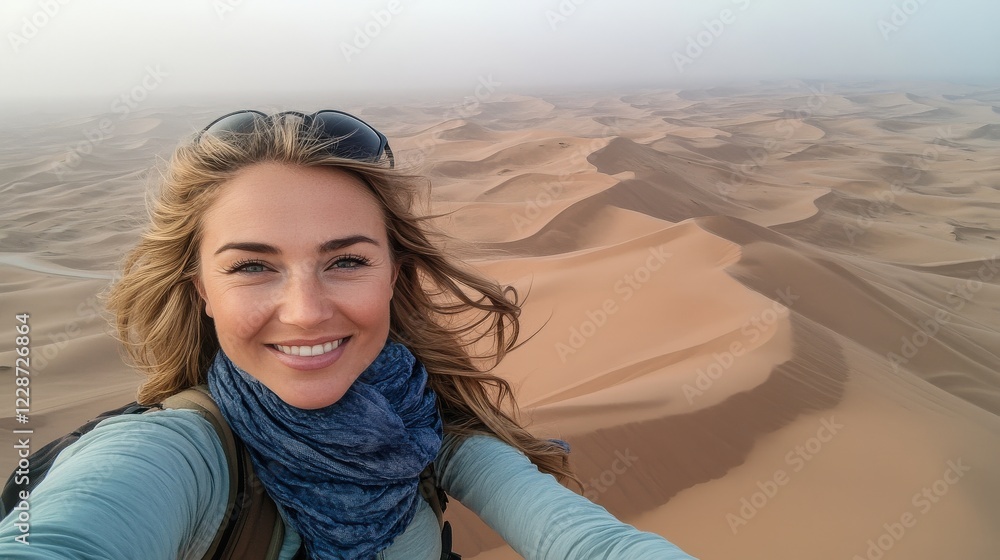 Smiling woman taking a selfie in a vast desert landscape with rolling sand dunes in the background Smiling woman taking a selfie in a vast desert landscape with rolling sand dunes in the background