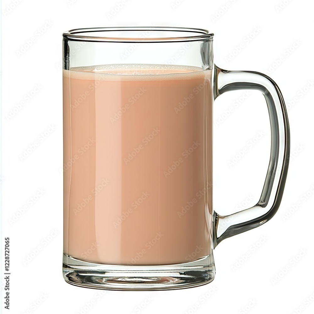 Warm cocoa drink in glass mug, white background, cozy beverage Warm cocoa drink in glass mug, white background, cozy beverage