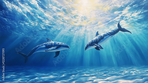 realistic two dolphins swimming in underwater ocean scene painting with sunlit water and vibrant marine life art photo