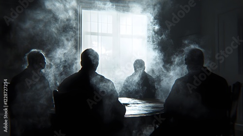 Secret Meeting in Smoke: Four shadowy figures sit around a table shrouded in thick smoke, their identities obscured, creating a mysterious and suspenseful atmosphere.