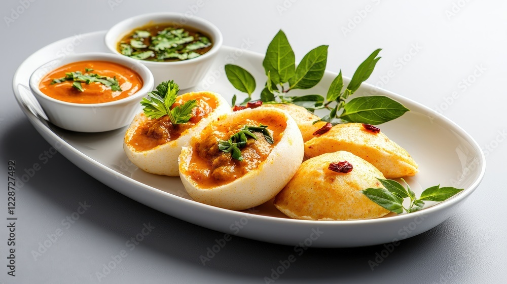 Delicious South Indian Idli with Spicy Sambar and Chutney Delicious South Indian Idli with Spicy Sambar and Chutney